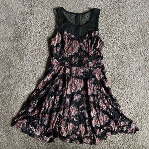 Mesh Neckline Lace Floral Mini Skater Dress